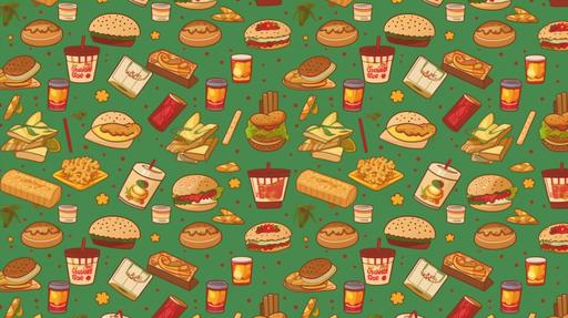 pop art-style pattern with illustrations of tasty fast food pattern design, pop art, food illustrations, hamburgers, french fries, soda cups, vibrant colors, playful design, eye-catching pattern, graphic design, fast food, restaurant, food and beverage, retro-inspired, retro pop art, trendy pattern, energetic design, food cravings, delicious treats, iconic style, retro vibes, appetizing visuals, mouth-watering, whimsical artwork, cheerful design, creative pattern, dynamic composition, vibrant illustrations, fast food culture, colorful graphics, tasty combination, catchy pattern. --q 2 --v 5.1 --ar 16:9 --chaos 50