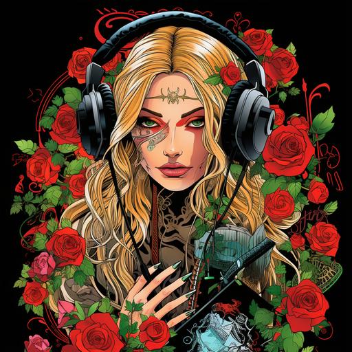 pop-art vintage comic-book in the style of Rupert Gruber of a full bodied female DJ with long blond hair, facial piercings, a snake tattoo on arm. Female is wearing DJ headphones and futuristic/form fitting outfit with Japanese writing/symbols down the sleeves. Female is surrounded by roses and green botanical elements. Pop-art comic style --s 250 --v 5.2