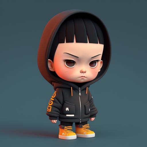 pop mart happy boy chinese black hair cute face Wear a black hoodie Plain black hoodie no hat buzz cut Hoop earring in left ear canvas shoes ip detailed visuals clean blacground Buzz cut Double eyelid Whole body 3d oc soft focus blender best quality 8k--v5