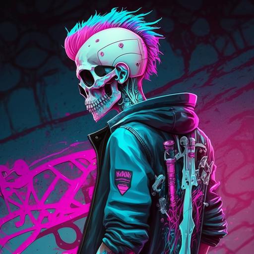 pop punk skeleton, pink and blue colours, skatepark, leather jacket,
