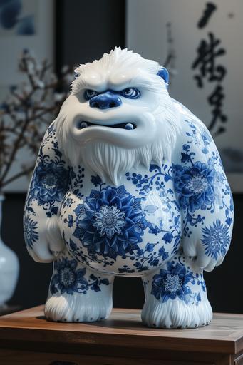 porcelain yeti statue, glossy blue and white, Chinese porcelain, yeti snow monster, white with blue snowflake design --ar 2:3 --v 6.0 --s 350