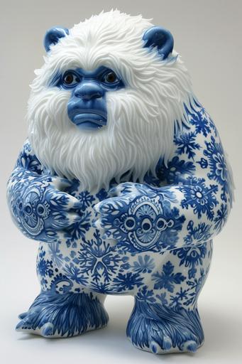 porcelain yeti statue, glossy blue and white, Chinese porcelain, yeti snow monster, white with blue snowflake design --ar 2:3 --v 6.0 --style raw --s 350