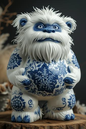 porcelain yeti statue, glossy blue and white, Chinese porcelain, yeti snow monster, white with blue snowflake design --ar 2:3 --v 6.0 --style raw --s 350