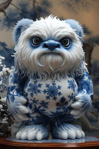 porcelain yeti statue, glossy blue and white, Chinese porcelain, yeti snow monster, white with blue snowflake design --ar 2:3 --v 6.0 --s 1000