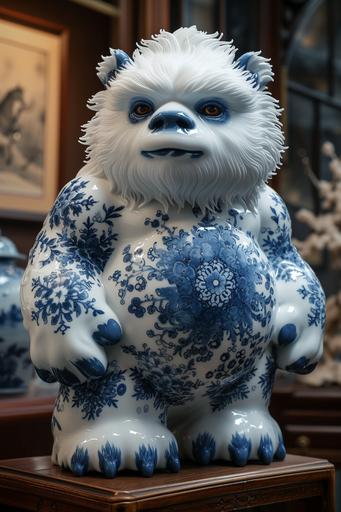 porcelain yeti statue, glossy blue and white, Chinese porcelain, yeti snow monster, white with blue snowflake design --ar 2:3 --v 6.0 --s 1000