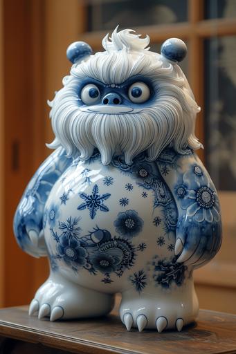 porcelain yeti statue, glossy blue and white, Chinese porcelain, yeti snow monster, white with blue snowflake design --ar 2:3 --v 6.0 --style raw --s 1000