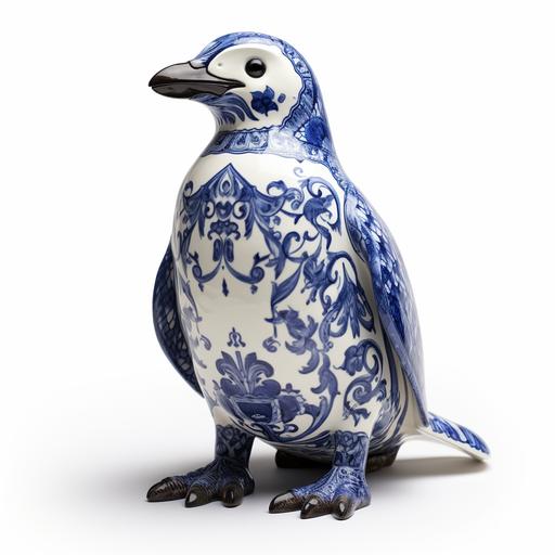porceline statue, penguin, delft, filigree, photo realistic, white background
