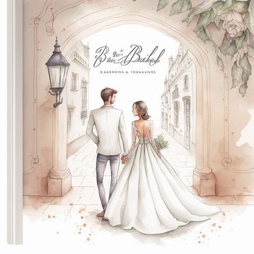portada de album de bodas en fondo blanco con dibujo de novios rodeados de cintas y ramilletes en el centro y texto en la parte inferior con la frase Nuestra Boda