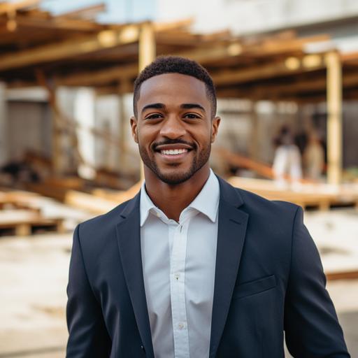 portait of a Beautiful Black-Dominican man with a clean hair cut, business suit, gorgeous smile, standing in front of a half completed building on a construction site. extreme detailed 35mm dslr lens, super realistic