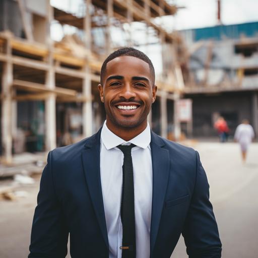 portait of a Beautiful Black-Dominican man with a clean hair cut, business suit, gorgeous smile, standing in front of a half completed building on a construction site. extreme detailed 35mm dslr lens, super realistic