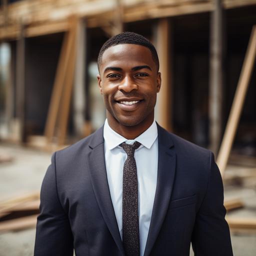 portait of a Beautiful Black-Dominican man with a clean hair cut, business suit, gorgeous smile, standing in front of a half completed building on a construction site. extreme detailed 35mm dslr lens, super realistic