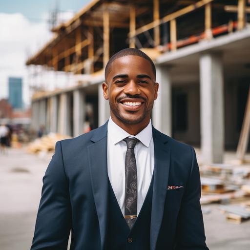 portait of a Beautiful Black-Dominican man with a clean hair cut, business suit, gorgeous smile, standing in front of a half completed building on a construction site. extreme detailed 35mm dslr lens, super realistic