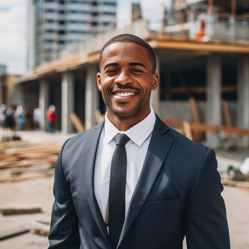 portait of a Beautiful Black-Dominican man with a clean hair cut, business suit, gorgeous smile, standing in front of a half completed building on a construction site. extreme detailed 35mm dslr lens, super realistic