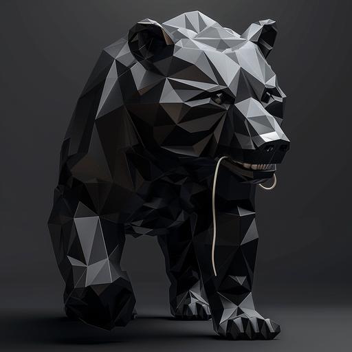portait of a black low poly 3d bear,, shoe lace hanging out of its mouth, black studio background