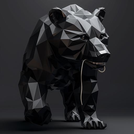 portait of a black low poly 3d bear,, shoe lace hanging out of its mouth, black studio background --v 6.0