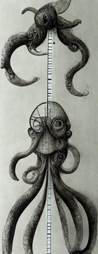 portrait Cephalopoda, climbing a ruler meter stick architects scale inches, long tentacles, pencil blueprint, symmetry --ar 3:16