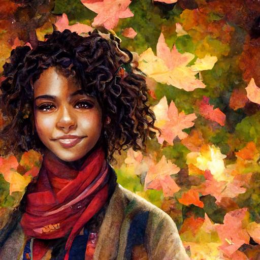 portrait a beautiful young black teen, brown skin, curly hair, holding a cup of coffee, in fall, wearing a scarf, coat, main focus on the foreground with the character, slightly blurred background of fall leaves, fall trees , green, red, pink, intricate stunning highly detailed art style by artgerm, portrait, soft studio lighting, ultra-realistic, fantasy theme, octane render, unreal engine, hyper-detailed, purple and pink lighting, hdr, octane render, fantasy, 4k, 8k,