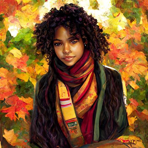 portrait a beautiful young black teen, brown skin, long curly hair, holding a cup of coffee, in fall, wearing a scarf, coat, main focus on the foreground with the character, slightly blurred background of fall leaves, fall trees , green, red, yellow, purple, pink, intricate stunning highly detailed art style by artgerm, portrait, soft studio lighting, ultra-realistic, in the style of Lisa frank, cozy, octane render, unreal engine, hyper-detailed, purple and pink lighting, hdr, octane render, fantasy, 4k, 8k,