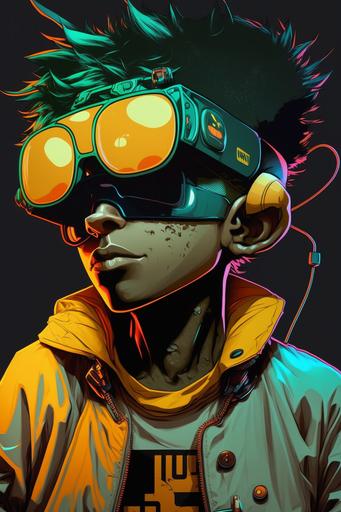 portrait, close shot, jet set radio art style, Maus, fat body, black skin, dj, stained white shirt, beanie, shades, cartoon, wrench, : cyberpunk, ::2, colorful, skin texture, unreal 5, hyper detailed, intricate detail, cell-shaded, ultra high details, 8k, --no realistic, background, --ar 2:3