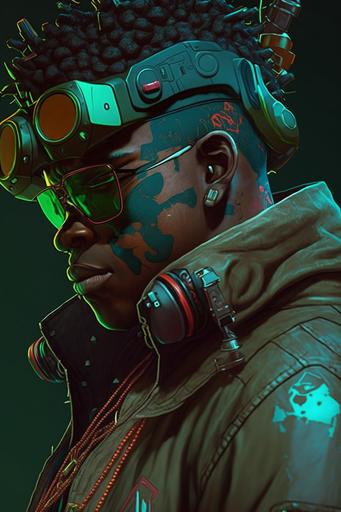 portrait, close shot, jet set radio art style, Maus, fat body, black skin, dj, stained white shirt, beanie, shades, cartoon, wrench, : cyberpunk, ::2, colorful, skin texture, unreal 5, hyper detailed, intricate detail, cell-shaded, ultra high details, 8k, --no realistic, background, --ar 2:3