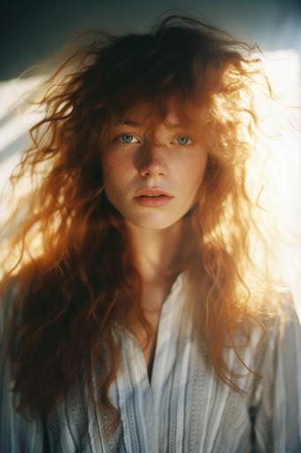 portrait, crepuscular rays, 35mm lens photo fuji superia, geoglyph haute couture model, don't look at me in that way, blank white iris eyes, with freckles with giant messy hair hairstyle --ar 2:3