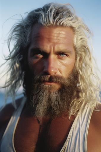 portrait, crepuscular rays, 35mm lens photo fuji superia, scary intense male haute couture model white hair, very long beard, muscular face, wrinkles, hairy skin, furry, fluffy, beachwear, chest tattoos, white iris eyes with freckles with braided sinusoidal hairstyle --ar 2:3