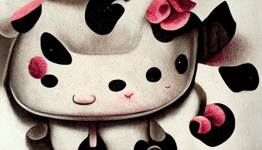 portrait, cutest ever cow wearing a Hello Kitty and Stich  costume, comedy, adorable --ar 16:9