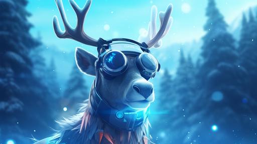 portrait illustration of a blue Christmas reindeer character with technological glasses in a winter background, pine trees, not human, cartoon, disney style, 16K --ar 16:9