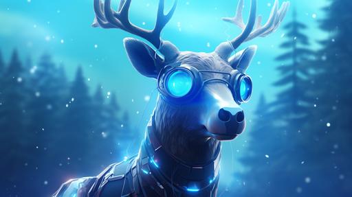 portrait illustration of a blue Christmas reindeer character with technological glasses in a winter background, pine trees, not human, cartoon, disney style, 16K --ar 16:9