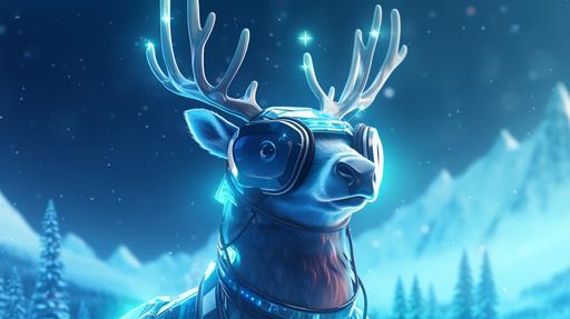 portrait illustration of a blue Christmas reindeer character with technological glasses in a winter background, pine trees, not human, cartoon, disney style, 16K --ar 16:9