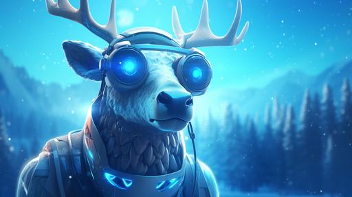 portrait illustration of a blue Christmas reindeer character with technological glasses in a winter background, pine trees, not human, cartoon, disney style, 16K --ar 16:9