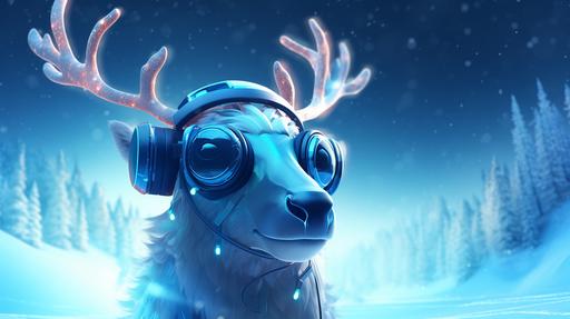 portrait illustration of a blue Christmas reindeer character with technological glasses in a winter background, pine trees, not human, cartoon, disney style, 16K --ar 16:9