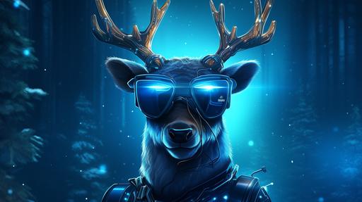 portrait illustration of a happy blue Christmas reindeer with technological glasses in a winter background, pine trees, not human, cartoon, disney style, 16K --ar 16:9