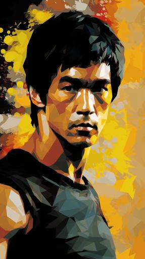 portrait of Bruce Lee, 8 bit static in background, 8k, --ar 9:16