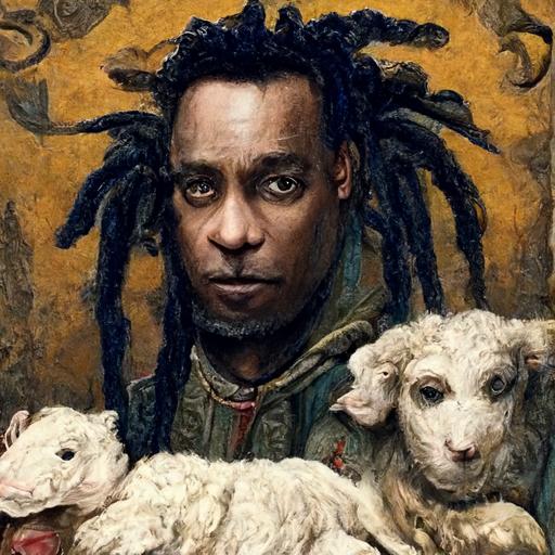 portrait of Coolio, wild dreads, face pointed upwards, holding his pet lamb, 14th century italian painting, intricate detail, realistic, hyper detail, muted colors, in the style of Nardo di Cione -- testp --ar 4:7