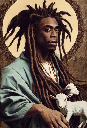 portrait of Coolio, wild dreads, face pointed upwards, holding his pet lamb, 14th century italian painting, intricate detail, realistic, hyper detail, muted colors, in the style of Nardo di Cione --testp --ar 4:7 --upbeta