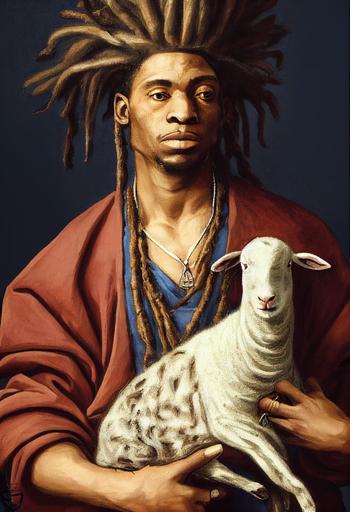 portrait of Coolio, wild dreads, face pointed upwards, holding his pet lamb, 14th century italian painting, intricate detail, realistic, hyper detail, muted colors, in the style of Nardo di Cione --testp --ar 4:7 --upbeta