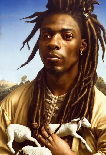 portrait of Coolio, wild dreads, face pointed upwards, holding his pet lamb, 14th century italian painting, intricate detail, realistic, hyper detail, muted colors, in the style of Nardo di Cione --testp --ar 4:7 --upbeta