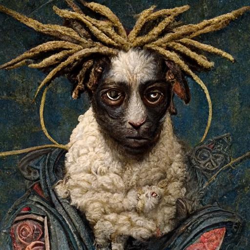 portrait of Coolio, wild dreads, face pointed upwards, holding his pet lamb, 14th century italian painting, intricate detail, realistic, hyper detail, muted colors, in the style of Nardo di Cione -- testp --ar 4:7