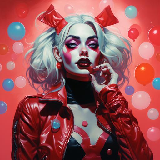 portrait of Harley Quinn blowing bubble gum, make the background vibrant red. make her face obscured. make her wear a black and red jacket adorned with various badges and symbols.