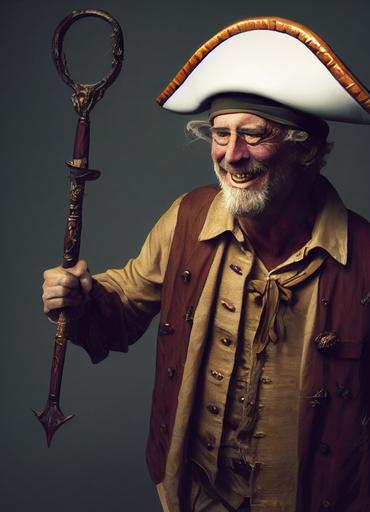 portrait of John Slattery age 60, laughing, dressed as a pirate holding a plastic sword, in haunted house with fog, 8k hyper realistic, detailed, portrait lighting, ultra high quality, octane render --testp --ar 3:4 --upbeta --upbeta --upbeta