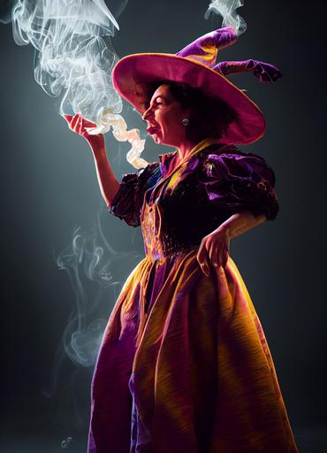 portrait of Maya Rudolph, age 40, costumed as silly witch, stirring a bubbling, smoking cauldron, in haunted house with fog, 8k hyper realistic, detailed, portrait lighting, ultra high quality, octane render --testp --ar 3:4 --upbeta --upbeta --upbeta