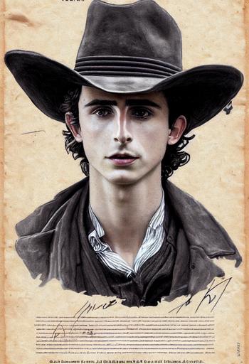 portrait of Timothée Chalamet in a wild west wanted poster, pencil sketch, symmetric face, ultra realistic, ultra detailed, parchment texture --upbeta --testp --ar 9:16 --upbeta