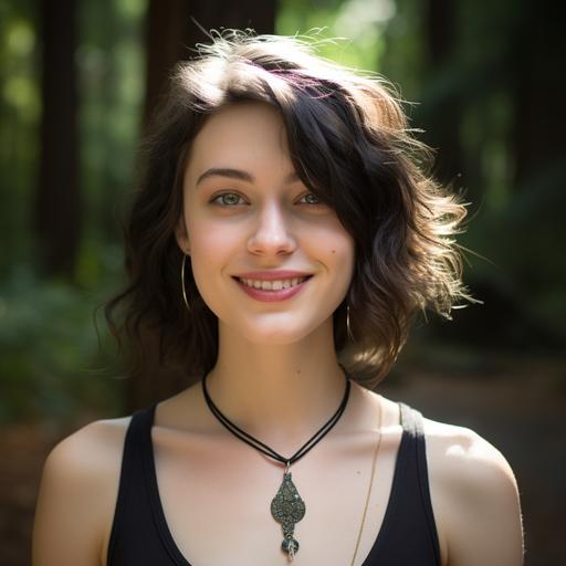 portrait of a 25 year old pale skinned brunette female, jaw-length layered haircut delicate features, hazel eyes, thin lips and a nice smile, soft cheeks, wearing dark blue top with silver sun pendant on a fine and intricate chain, background of redwood forest