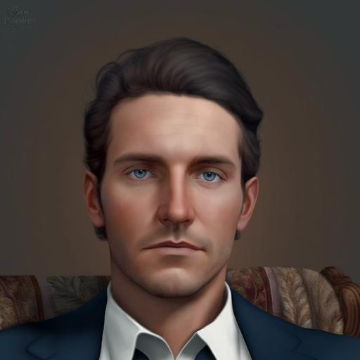 portrait of a 30-year-old man, elegant, his body is white, he is complexion, he has blue eyes, he has wrinkles on his forehead, a suit with a tie, he belongs to Colombian high society, he is sitting in an elegant wooden chair, hyper realistic, super detailed, 8k, 3d photorealistic,style, belongs to high society, physical features of eleoant woman, hyper realistic, super detailed, 8k, 3d photorealistic, realg --v 4
