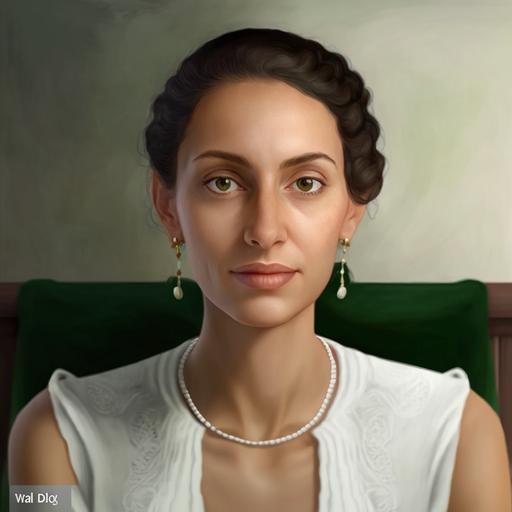 portrait of a 30 year old woman, elegant, body, green eyes, her hair is full, she has a white dress, on her neck she has a pearl necklace, gold candongas, belonging to Colombian high society, she is sitting an elegant wooden chair, hyper realistic, super detailed, 8k, 3d photorealistic,style, belongs to high society, physical features of eleoant woman, hyper realistic, super detailed, 8k, 3d photorealistic, realg --v 4