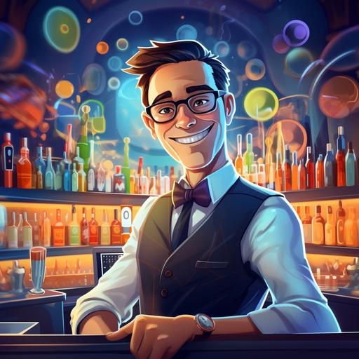 portrait of a barkeeper in a futuristic bar, friendly, cartoon