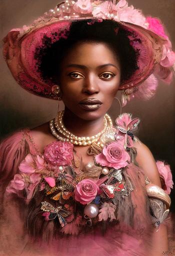 portrait of a beautiful Haitian woman , Erzuli Freda, dressed in a pink victorian dress, pearls, flowers, birds, butterflies, blackground Port Au Prince, asymetrical composition design, by Jean-Baptiste Monge by Mark Ryden, by Roby Dwi Antono, highly detailed , intricate detail, beautiful costumes, 8k, CGI, unreal engine, hyper realistic, remarkable cast shadows, cinematic lighting, pop surrealism, Low brow art style, photorealistic, very ornate and intricate design, unreal engine 5, octane render, realistic, hyperdetailed, hyperrealism, beautiful cast shadows, magical, Whimsical, illumination, --ar 12:22 --test --creative
