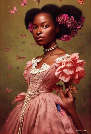 portrait of a beautiful Haitian woman , Erzuli Freda, dressed in a pink victorian dress, pearls, flowers, birds, butterflies, blackground Port Au Prince, asymetrical composition design, by Jean-Baptiste Monge by Mark Ryden, by Roby Dwi Antono, highly detailed , intricate detail, beautiful costumes, 8k, CGI, unreal engine, hyper realistic, remarkable cast shadows, cinematic lighting, pop surrealism, Low brow art style, photorealistic, very ornate and intricate design, unreal engine 5, octane render, realistic, hyperdetailed, hyperrealism, beautiful cast shadows, magical, Whimsical, illumination, --ar 12:22 --test --creative