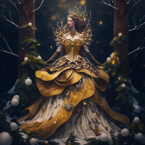 portrait of a beautiful and elaborate Christmas inspired gown, yellow, white, gold, stars, Christmas, snow, Christmas tree, Winter, gothic, mannequin, HDR, 3D, photo realism, branches, cinematic lighting, portrait, fantasy art, gown, forest, waterfall, trees, nighttime, full moon --v 4